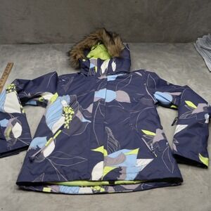 Roxy Jacket Womens Large Blue Floral Jet Ski Faux Fur Hood Insulated Waterproof